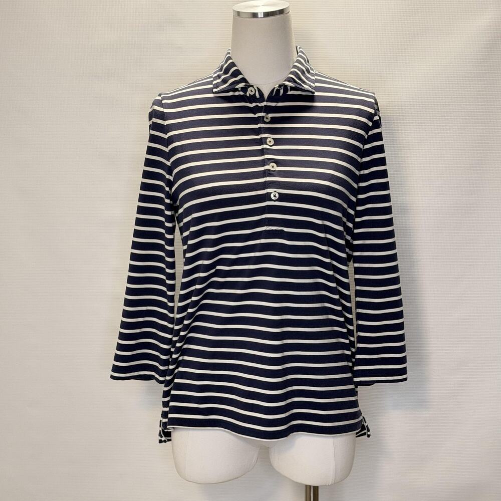 Renwick Polo Shirt Womens Small Blue White Stripe 3/4 Sleeve Pima Cotton Top
